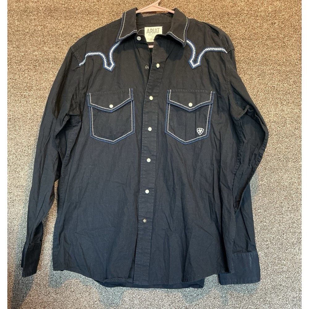 Ariat Black Cotton Retro Fit Shirt L Men Pearl Snap Cream Accent Rodeo Western